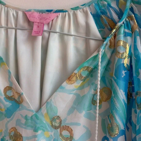 Lily Pulitzer silk tunic dress with blue floral and metallic pattern, spring! - Picture 6 of 10